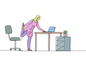 Continuous one line drawing Arab woman standing with one leg raised and her hand typing on a laptop. Taking time to stretch legs in the midst of busy work. Single line draw design illustration vector