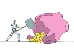 Continuous one line drawing robot hit big piggy bank with a big hammer until it cracked. Coins scattered around. Financial Problem. Wrong mapping algorithm. Single line draw design illustration vector