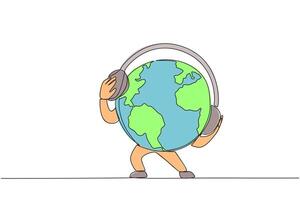 Single continuous line drawing the globe wearing headphones. The concept of protecting the earth with joy. For a better earth. Maintaining the ecosystem. Protect. One line design illustration vector