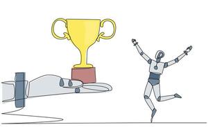 A robot is holding a trophy and a hand is holding a hand vector