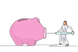 Single one line drawing Arab businessman holding big syringe and want to inject it into big piggy bank. Additional capital. Trigger enthusiasm for business. Continuous line design graphic illustration vector