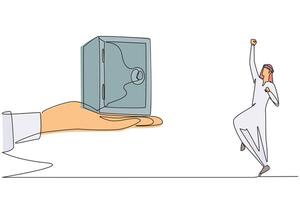 Single continuous line drawing Arabian businessman was excited to get a safe deposit box from a giant hand. Unforgettable gift. Ease of storing important documents. One line design illustration vector