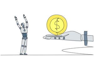 A robot is holding a coin and a hand is reaching for it vector