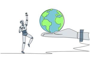 A robot is holding a globe and a hand is reaching out to it vector