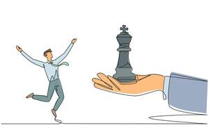 Single continuous line drawing businessman was excited to get king's chess piece from giant hand. Getting support from people is important to continue the business. One line design illustration vector