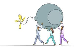 Three people carrying a large ball with a propeller attached vector