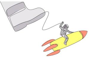 Continuous one line drawing astronaut riding a rocket flies away from the giant foot. A bully who tries to ruin the flight schedule to the moon. Galaxy. Single line draw design illustration vector