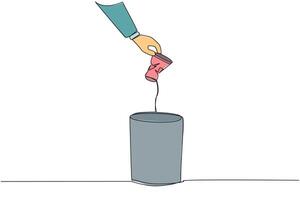 Single one line drawing businessman's hand throws away a crushed paper cup. The correct way to dispose of it. Cannot be misused by irresponsible people. Continuous line design graphic illustration vector