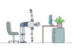 Single one line drawing robot stands with one hand raised and the other hand holding the toe. Robot exercising. Train muscle movements to be more flexible. Continuous line design graphic illustration vector