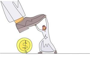 Single continuous line drawing Arabian businessman holds back a giant foot wants to step on the coin with dollar symbol. Resisting the greed of the sovereigns. One line design illustration vector