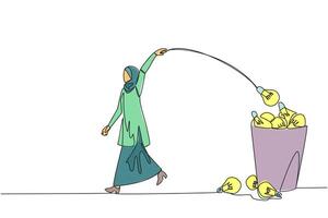Continuous one line drawing Arabian businesswoman walking throwing lightbulb into trash can. Unable to manage multiple business schedules. Prepare to lose. Single line draw design illustration vector