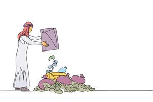 Continuous one line drawing Arabian man throws rubbish into rubbish pile. Environmental care. It is best to dispose of waste at the final disposal site. Single line draw design illustration vector