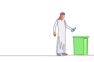 Continuous one line drawing Arabian man throw used plastic bottles into overflowing trash cans. Environmental. How to properly dispose of recyclable waste. Single line draw design illustration vector