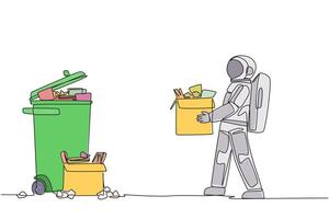 Single one line drawing astronaut carrying a cardboard box full of piles of paper to the trash. Clean the work room before leaving for a space expedition. Continuous line design graphic illustration vector