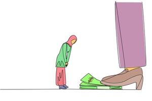 Single one line drawing Arab businesswoman nodded in front of giant foot stepping on wad of banknotes. Request payment is not withheld. Business continuity. Continuous line design graphic illustration vector