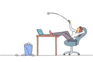 Continuous one line drawing businesswoman sitting in chair throwing wads of paper into trash. Spending time on useless things. Not taking advantage of time. Single line draw design illustration vector