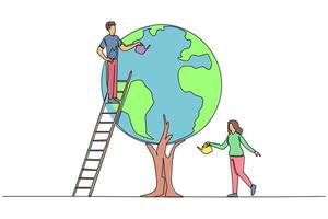 Continuous one line drawing a man climbs a ladder watering a tree whose leaves form a globe. Working together to make the earth keep green. No pollution. Single line draw design illustration vector