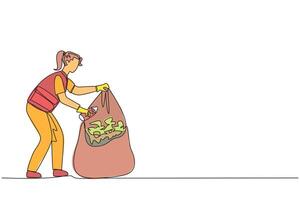 Single continuous line drawing trash woman puts some rubbish into plastic trash. Manual cleaning without tools. Reuse. Recycle. Junk. No pollution. Fresh air. One line design illustration vector