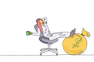 Continuous one line drawing Arab businessman sitting relaxed in a work chair while holding a mug. Foot resting on money bag. Work smart for maximum profits. Single line draw design illustration vector