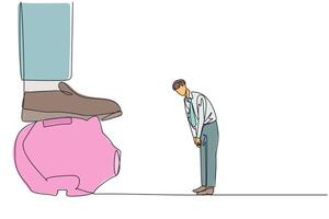 Single one line drawing businessman nodded in front of the giant foot that stepped on the piggy bank. Ideas. Nod in agreement. The importance of investment. Continuous line design graphic illustration vector