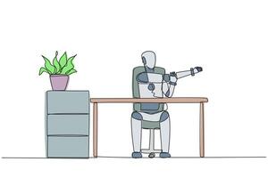 Single continuous line drawing robot sitting in a work chair with his arms crossed. Stretching. Train continuous muscle movements. Artificial intelligence tech. One line design illustration vector