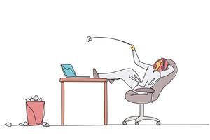Single one line drawing Arabian businessman sitting in a office chair throwing wads of paper into the trash. Try various ways to calm down. Try to focus. Continuous line design graphic illustration vector