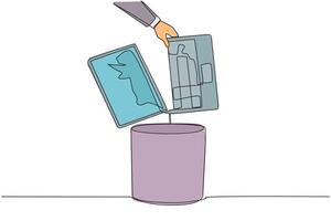 Continuous one line drawing businessman's hand throwing away a laptop with a cracked screen. The latest technology that cannot be utilized. Useless. Broken. Single line draw design illustration vector