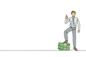 Single one line drawing businessman stands with thumbs up pose and steps on stack of banknotes with one of foot. Amazing feeling. Always make a profit. Continuous line design graphic illustration vector