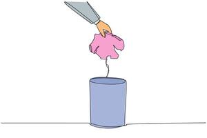 Single one line drawing businessman's hand throwing away broken piggy bank. Find the source of investment failure. Replace with a better and more reliable. Continuous line design graphic illustration vector