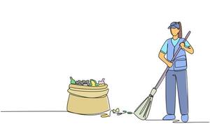 Continuous one line drawing trash woman cleaning trash with broom. There is a large piece of plastic trash nearby. Clean fresh air, does not pollute lungs. Single line draw design illustration vector