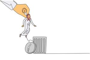 Single continuous line drawing Arabian businessman is lifted by giant hand and will be put into a trash can. Traitor. Makes business plan leaky and unprofitable. One line design illustration vector
