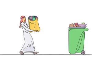 Continuous one line drawing Arab man walked carrying a trash bag in both hands towards trash can. Care about cleanliness. Environmental care. For health. Single line draw design illustration vector