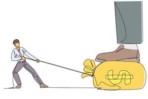 Continuous one line drawing tries to take money bag stepped on by giant foot with the rope. Arbitrary attitude. Work for large investment. Seize profits. Single line draw design illustration vector