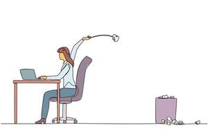 Single one line drawing businesswoman typing at a work desk throwing wads of paper into the trash. Failed to make monthly reports. Not focused. Disturbance. Continuous line design graphic illustration vector