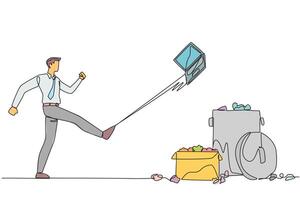 Continuous one line drawing businessman kicked laptop into the trash. Kicking the laptop until it breaks. Venting explosive anger. Business is losing money. Single line draw design illustration vector