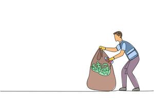 Single continuous line drawing trash man puts some rubbish into plastic trash. Picking up while sorting rubbish. Only organic waste will be put into plastic. Reuse. One line design illustration vector
