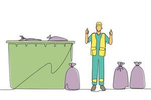 Single continuous line drawing trash man stands with a thumbs up gesture between trash bags. Finish tidying up the scattered rubbish. Environmental care. Ecology. One line design illustration vector