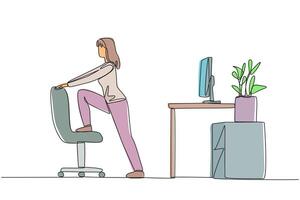 Single one line drawing the woman stands while lifting one of her legs onto a chair. Warm up before facing a lot of work. Working overtime on the weekend. Continuous line design graphic illustration vector