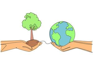 Single continuous line drawing two pairs of hands, each holding a plant and a globe. Green environment. Environmental care. Re-greening the earth. Free pollution. One line design illustration vector