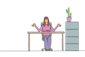 Continuous one line drawing woman sitting in work chair with her fingers rounded. Like doing yoga movements. Looking for peace of mind. Overtime on weekend. Single line draw design illustration vector
