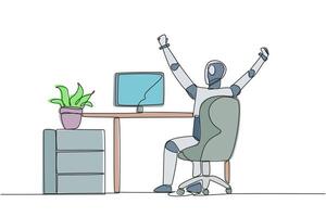 Continuous one line drawing the robot sit on chair opening and raising his hands. Stretching robot. Sitting and focusing too long. Future technology AI. Single line draw design illustration vector