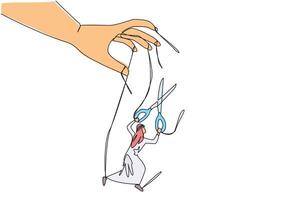 Single continuous line drawing Arabian businessman walking moved by ropes controlled by giant hands. Relying on scissors to escape. Free from restraints. Puppet. One line design illustration vector