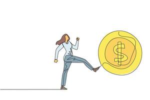 Single continuous line drawing businesswoman kicking big coin with a dollar symbol. Sacrificing small profits to open a new business. Gambling. Open opportunities. One line design illustration vector