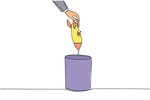 Single continuous line drawing businessman's hand throwing away a broken rocket. Can't fly. Not expanding the business. Insufficient equipment. Business setbacks. One line design illustration vector