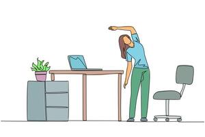 Single one line drawing woman stands while raising one hand and tilting body. Doing exercise during work. Functions to eliminate drowsiness. Overtime. Continuous line design graphic illustration vector