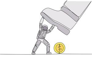 Single continuous line drawing astronaut holds back a giant foot wants to step on large coin with dollar symbol. Take the money before it's gone. Galaxy space. One line design illustration vector