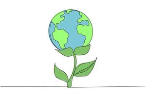 Continuous one line drawing a plant with a globe at the end. World environmental day. Save the world. Save the planet. Many trees lack pollution. Planting. Single line draw design illustration vector