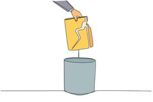 Single continuous line drawing businessman's hand throwing away a broken folder. Replacing archives. Avoid leaks of highly confidential personal data. Wrecked. One line design illustration vector