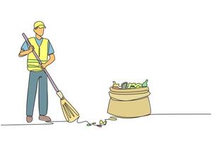 Single one line drawing trash man cleaning trash with broom. Enthusiasm about working to maintain the cleanliness and beauty of nature. Reduce pollution. Continuous line design graphic illustration vector