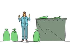 Continuous one line drawing trash woman stands with a thumbs up gesture between trash bags. Code for completing job. Keep the environment clean. Good job. Single line draw design illustration vector